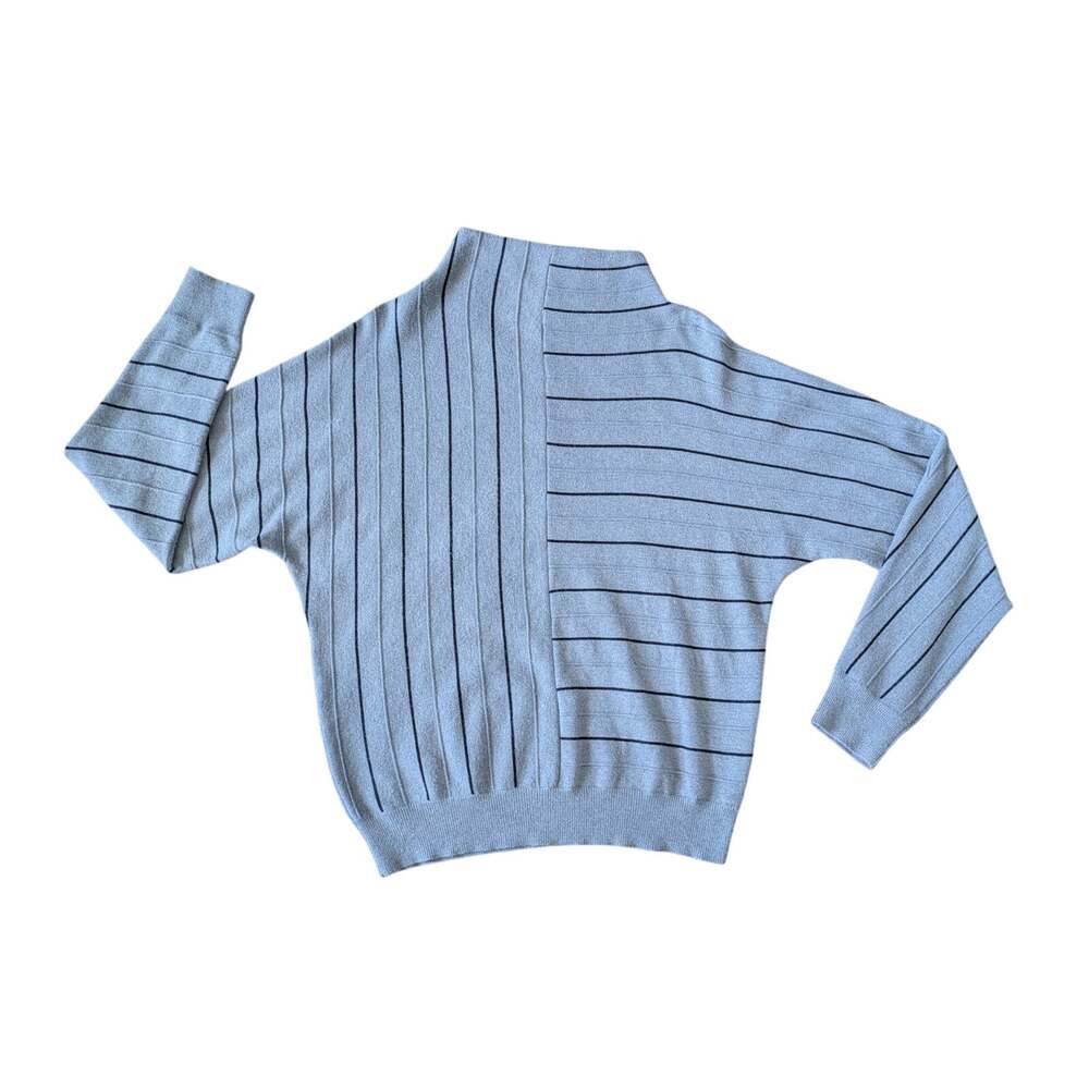 Tahari Mock Neck Sweater Womens L Gray Striped Soft Office Preppy Mature